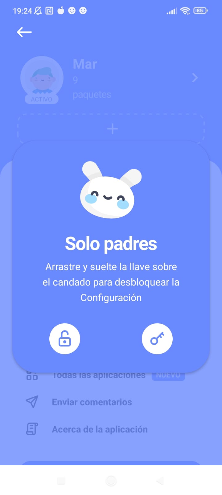 Pantalla desbloquejar configuració paternal